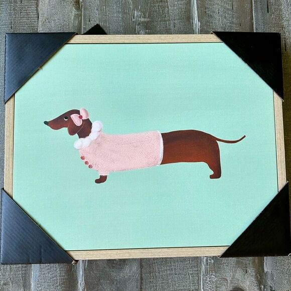 Dachshund Dog Framed Portrait Pink Sweater Canvas Wall Art Decor